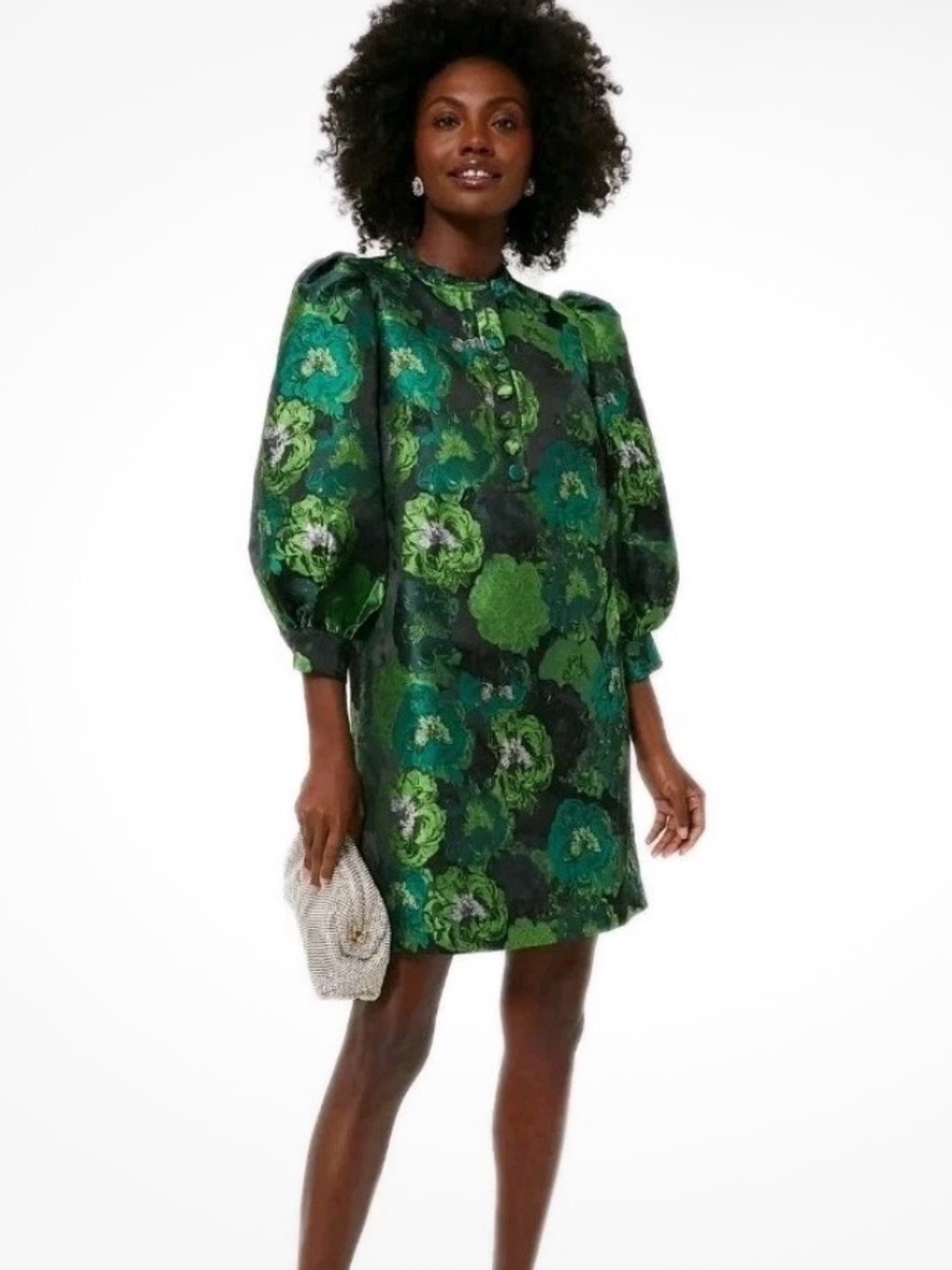 Pomander Place Jacquard Samantha Green/Navy Floral Puff-Sleeve mini Dress